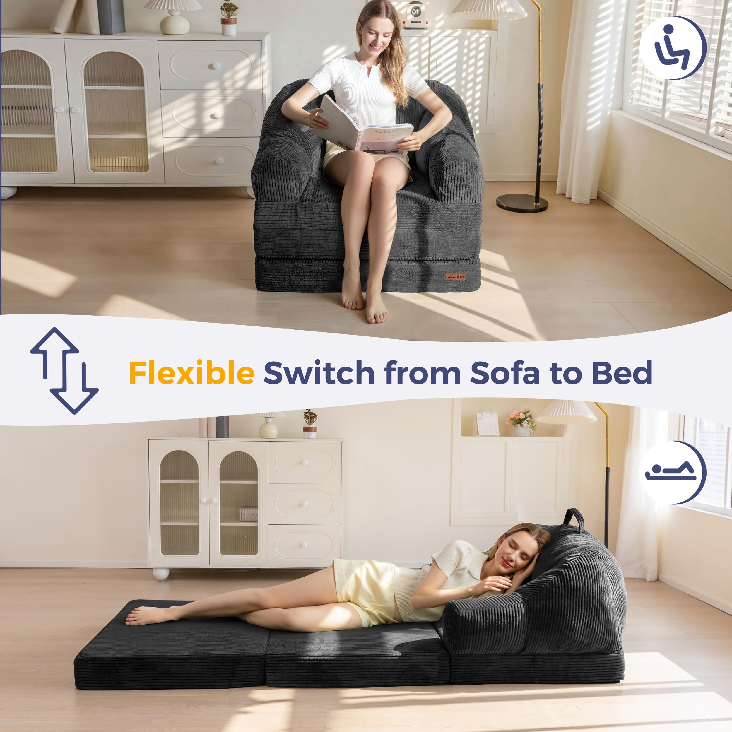 MAXYOYO Folding Sofa Bed with Backrest, Boneless Fold Out Couch Bed with Handle, 2 in 1 Convertible Bean Bag Chair to Floor Sofa Lounger