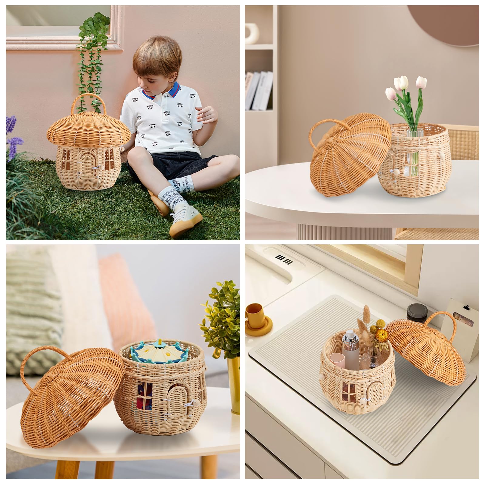Handcrafted Rattan Mushroom-Shaped Basket for Toy Storage, Outdoor Organizing & Home Décor