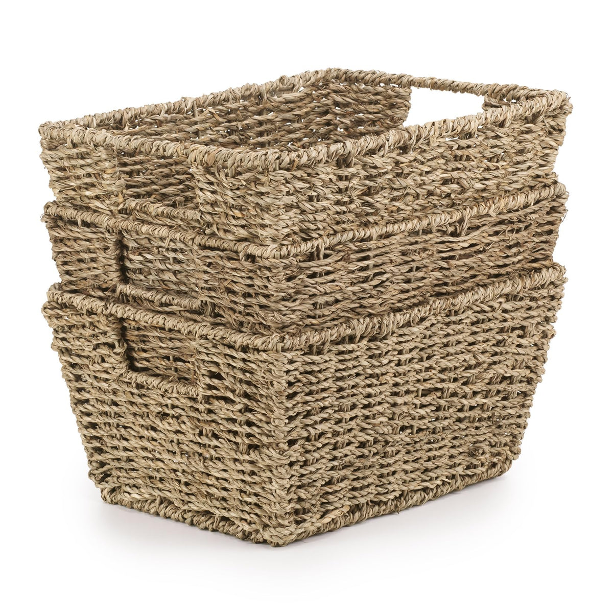 Woodluv Seagrass Woven Wicker Shelf Storage Basket Set, Display Gift Hampers, Set of 3 Handwoven Multi-Purpose Shelves Storage Baskets W/Handles for
