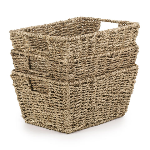 Woodluv Seagrass Woven Wicker Shelf Storage Basket Set, Display Gift Hampers, Set of 3 Handwoven Multi-Purpose Shelves Storage Baskets W/Handles for