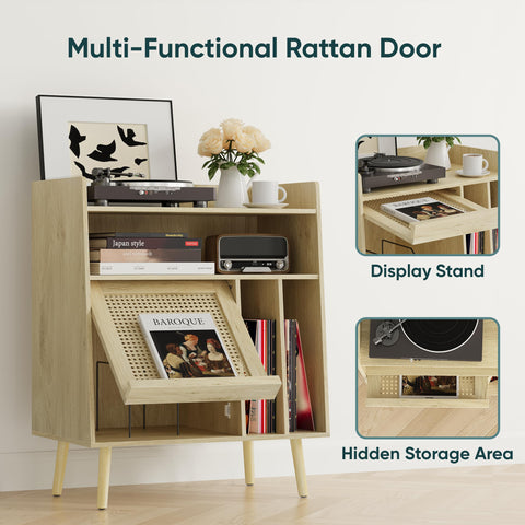 Semiocthome Record Player Stand with Vinyl Storage, Record Player Table with Storage Shelf, Turntable Stand with Rattan Cabinet Door