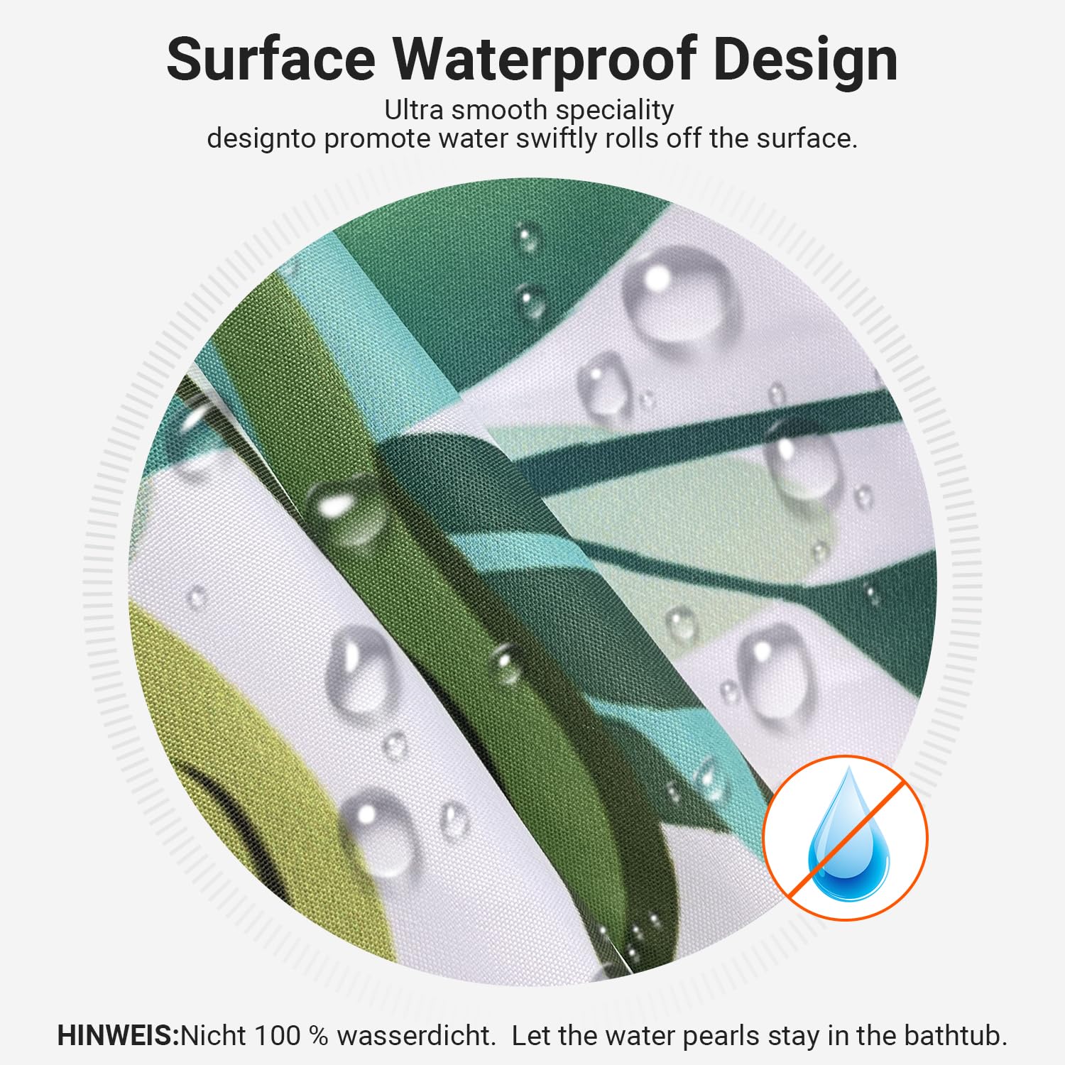 Lerores Shower Curtain, 200 x 200 cm, Green Leaves, Weighted Hem, Anti-Mould Textile, Water-Repellent