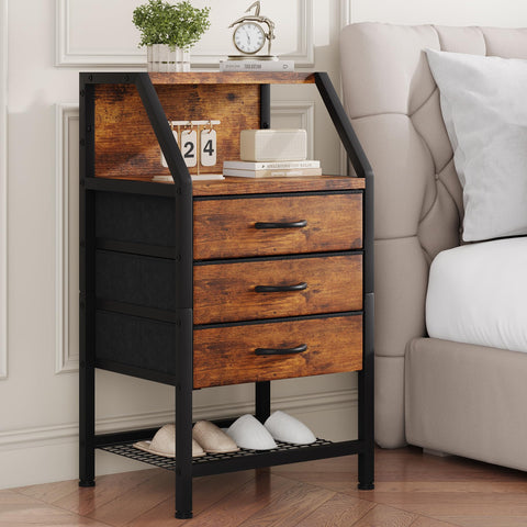 Feonase Bedside Table Wide with 3 Fabric Drawers & Open Shelf Suitable For Bedroom Bed Side Tables, Sofa Side Tables