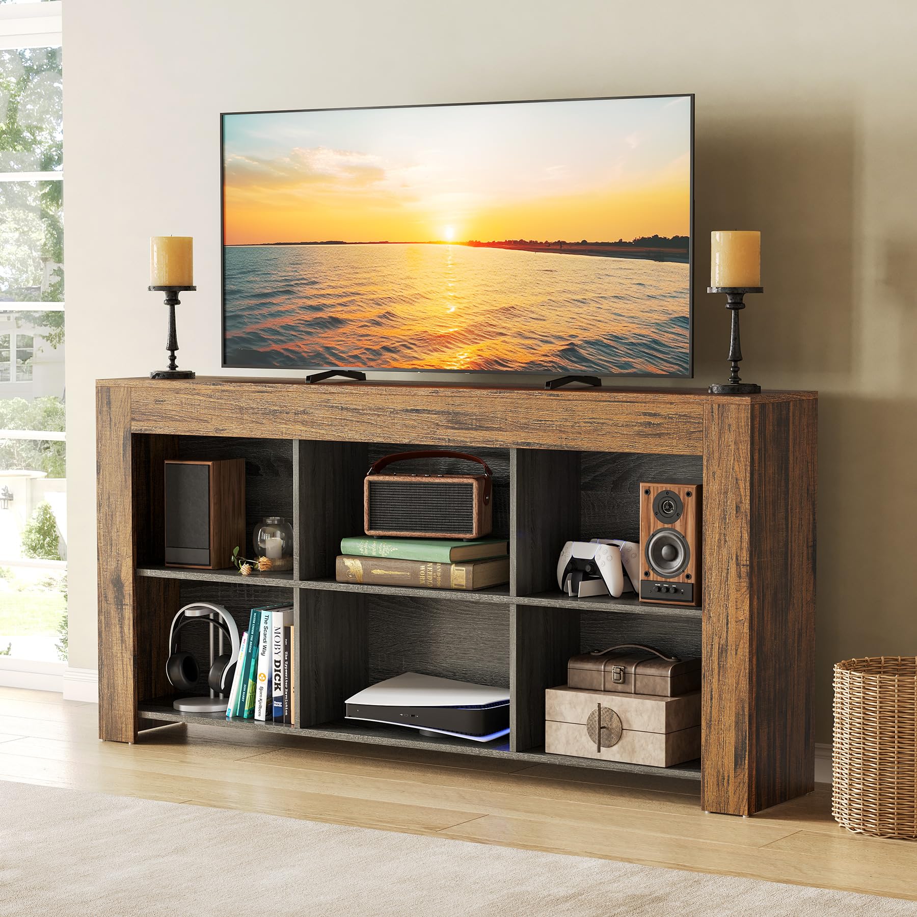 LITTLE TREE Console Table with Storage, 63-Inch Narrow Long Sofa Table, Entryway Table with 6 Cubes, Farmhouse Storage Shelves for Entryway