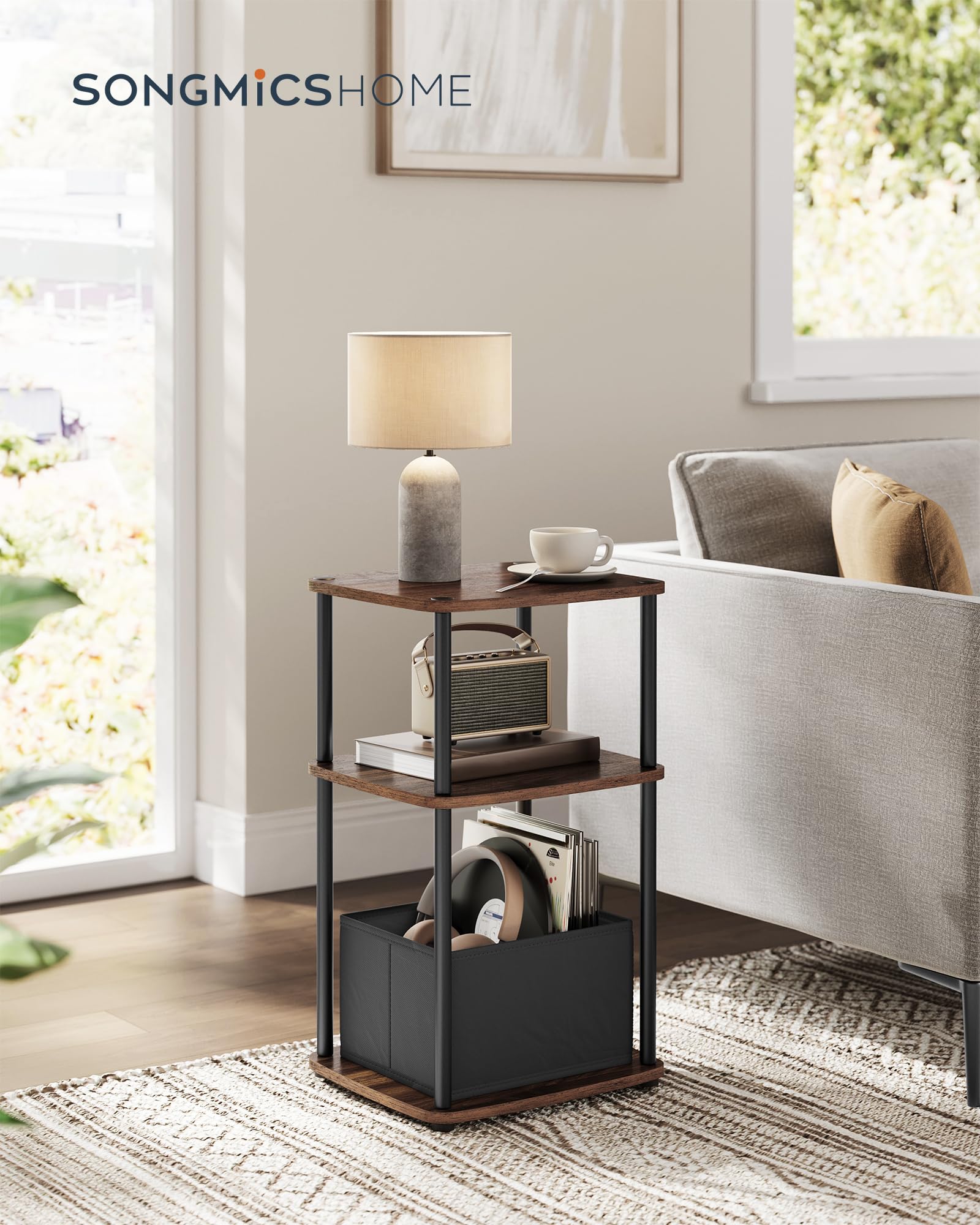 SONGMICS HOME Superfast Toolless Assembly, Side Table, 3-Tier Nightstand with Storage, Fabric Basket, for Bedroom Living Room, Steel Frame