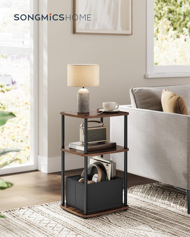 SONGMICS HOME Superfast Toolless Assembly, Side Table, 3-Tier Nightstand with Storage, Fabric Basket, for Bedroom Living Room, Steel Frame