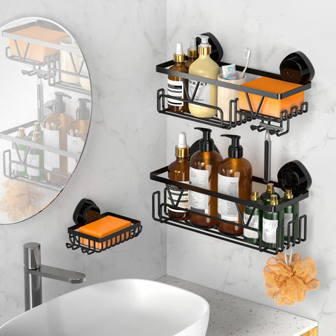 KEGII Suction Shower Caddy - Stainless Steel Shower Storage Suction Cup Black Bathroom Shelves No Drilling