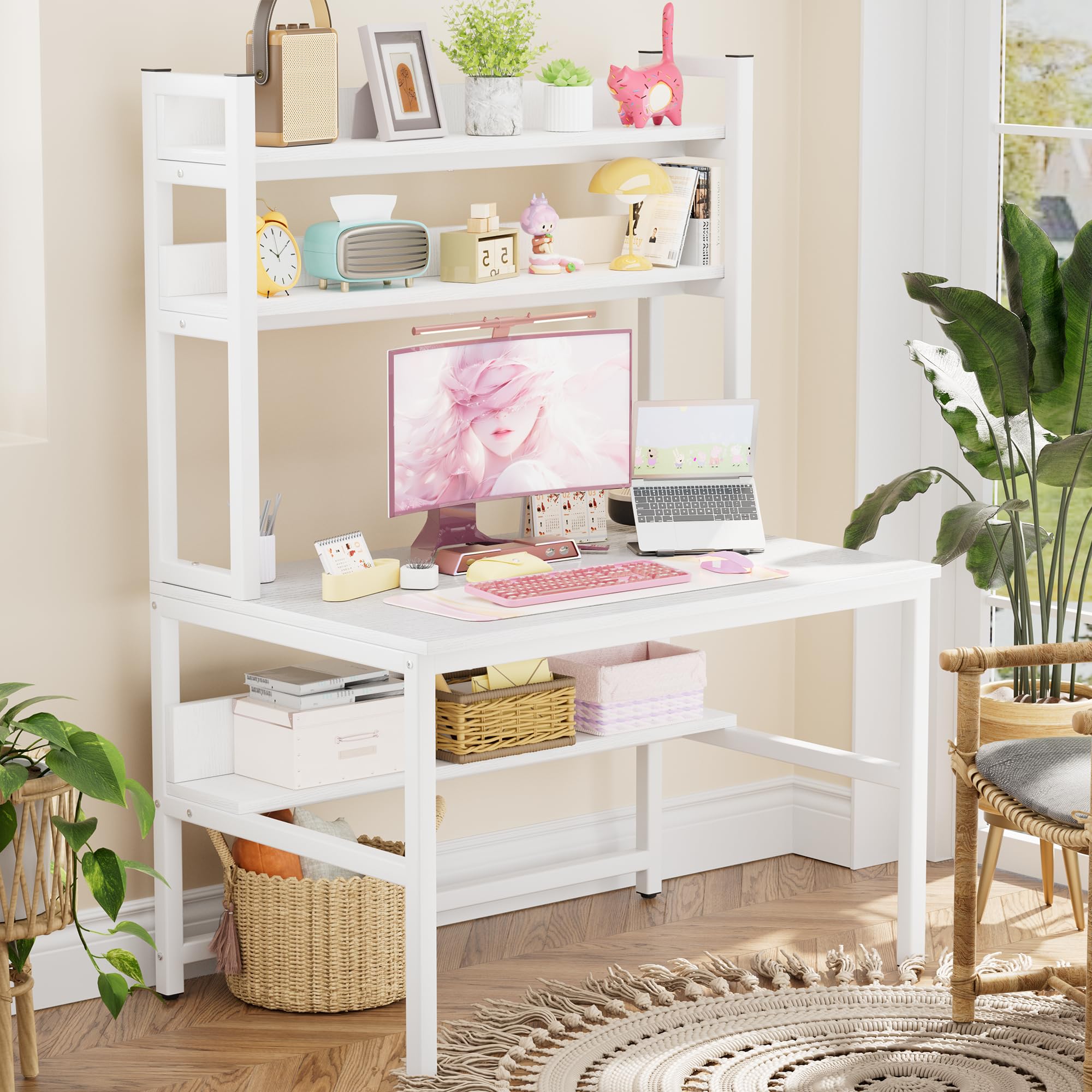 Aquzee Desk with Shelves, 100 cm Computer Desk with Hutch, Bookshelve Above, Study WriteTable Desks & Workstations for Bedroom Space Saving with 3
