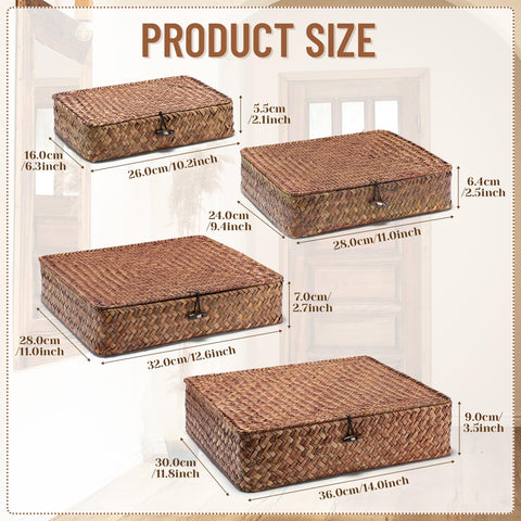 Didaey Set of 4 Seagrass Basket with Lid Wicker Storage Basket Decorative Storage Boxes with Lids Flat Storage Bins Woven Organizer Baskets for Shelf