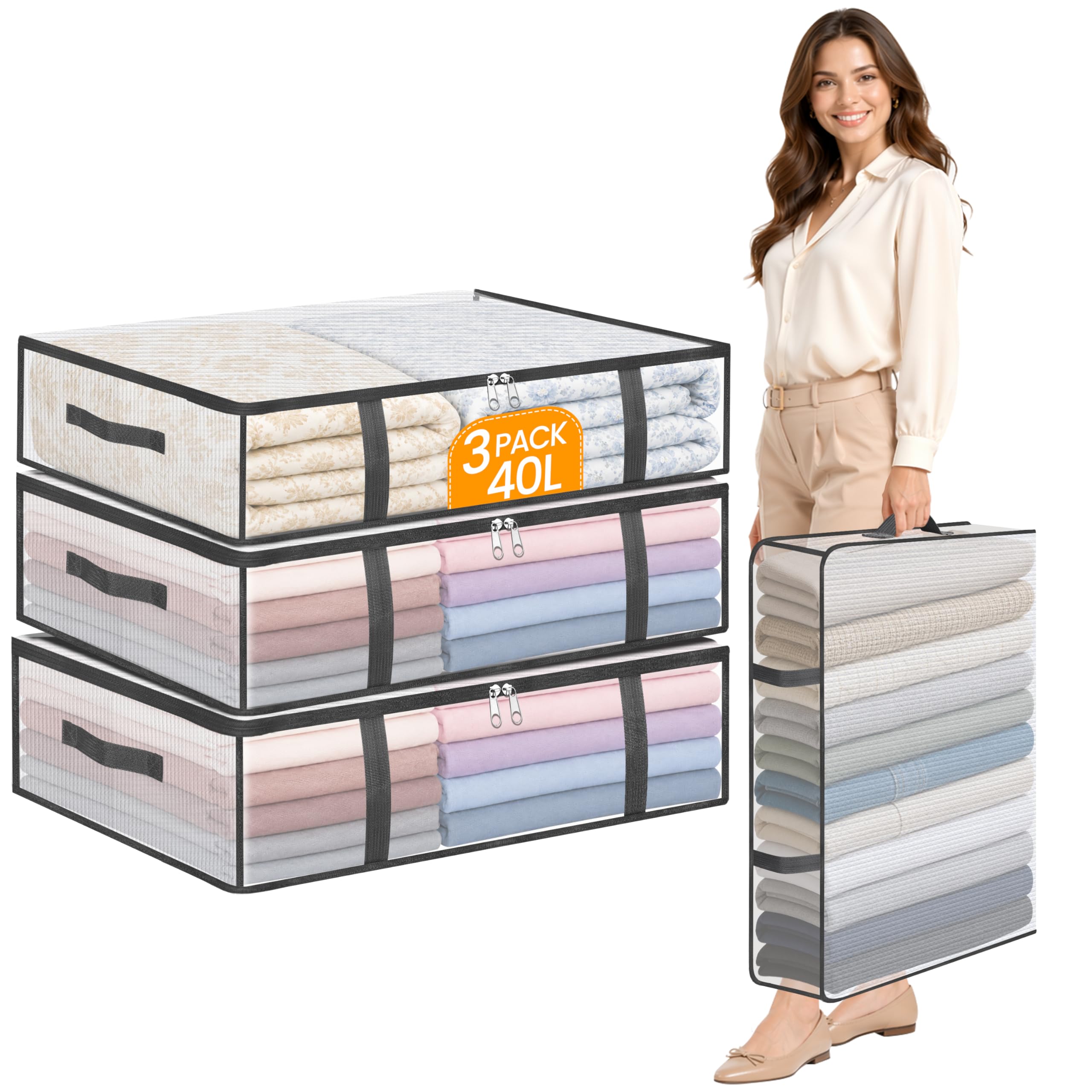 Averrex 3 pack 40L Storage Bags, Clear Under Bed Storage Box with Lids