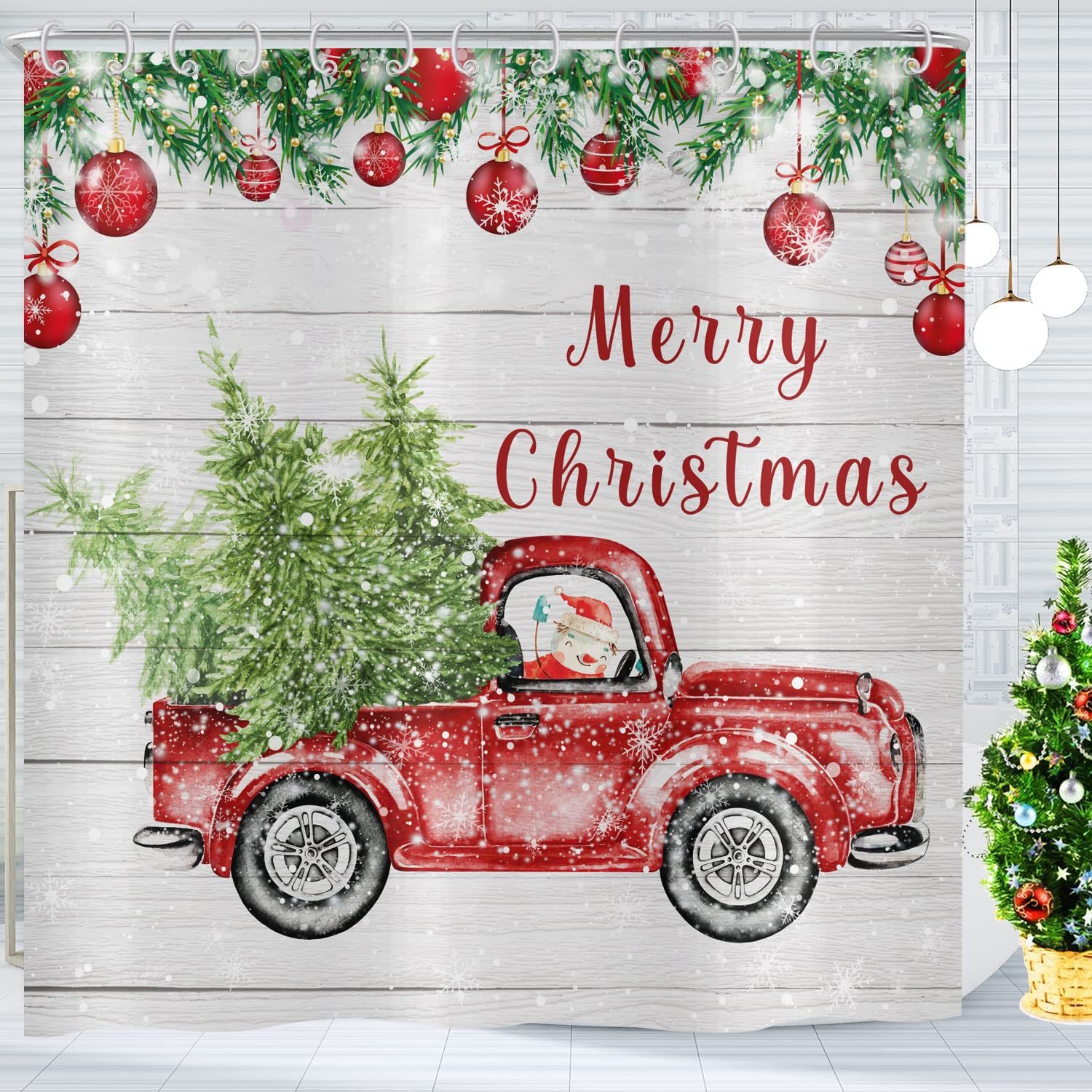 ASDCXZ Christmas Shower Curtain 180 x 200 cm, Retro Wood Grain Red Truck Snowman Christmas Tree Bathroom Washable Shower Curtains Polyester Textile