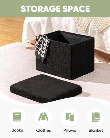 Bonlife Ottoman Seat with Storage,Folding Small Footstool for Living Room,Cube Toy Chest Box,Foot Rest,Sherpa Fabric,Black,42x32x32cm