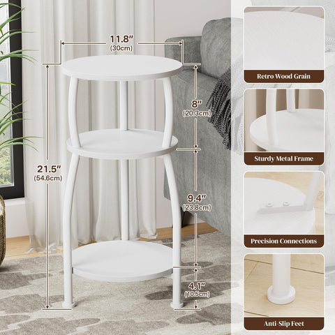 Yuede Round Side Table, 3 Tier Slim Round Coffee Table, Small End Table with Storage Shelf, Bedside Table, for Living Room, Bedroom, Small Space