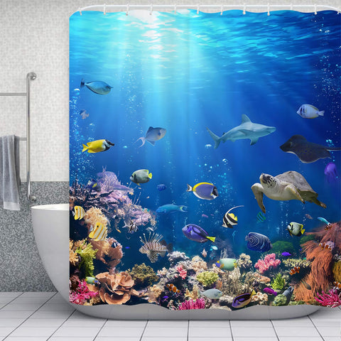 Summer Fish Shower Curtain for Men, Ocean Underwater World Blue Waterproof Bath Curtains, Quick Dry Sea Turtles Decorate Women Bathtub Curtains
