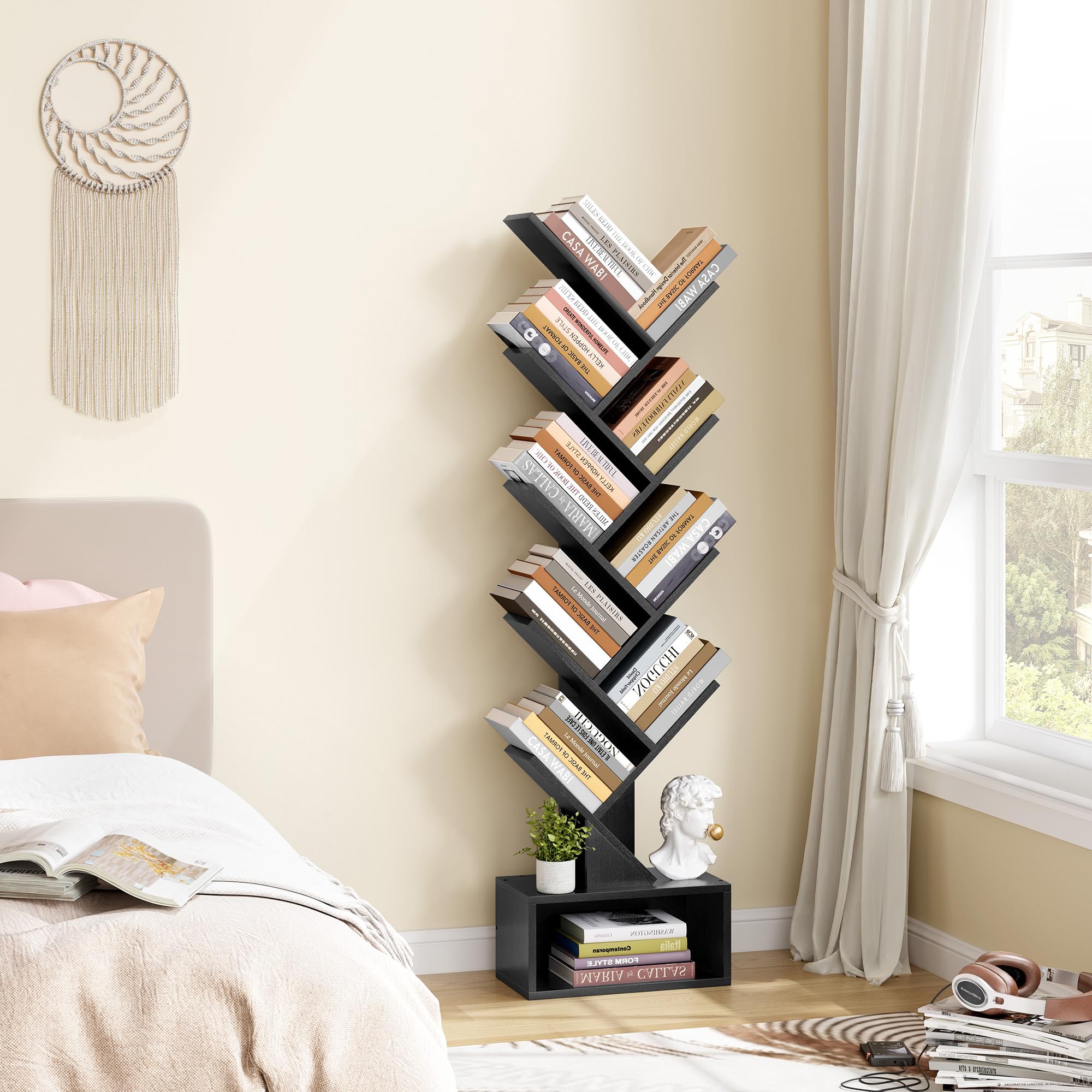 Hoctieon 9 Tier Tree Bookshelf, Tall Bookcase with Drawer, Wood Book Shelf, Modern Floor Standing Bookshelves, Book Organizer Shelves for Bedroom