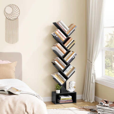 Hoctieon 9 Tier Tree Bookshelf, Tall Bookcase with Drawer, Wood Book Shelf, Modern Floor Standing Bookshelves, Book Organizer Shelves for Bedroom