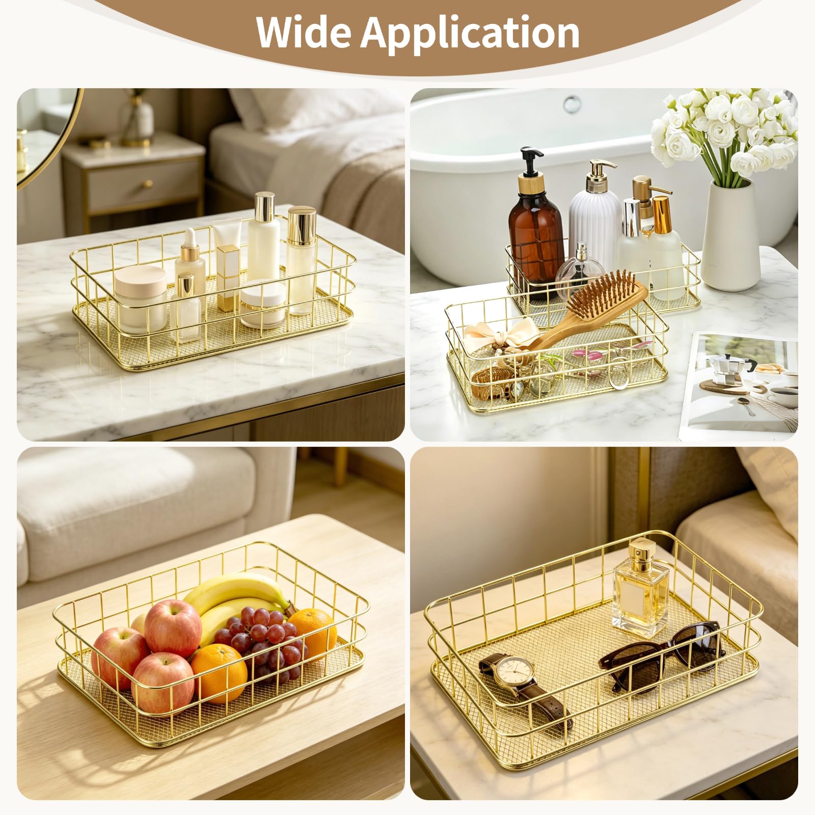 2 PCS Golden Metal Storage Baskets, Wire Desktop Organizer Tray 24.5 x 16.5 x 6.5 cm