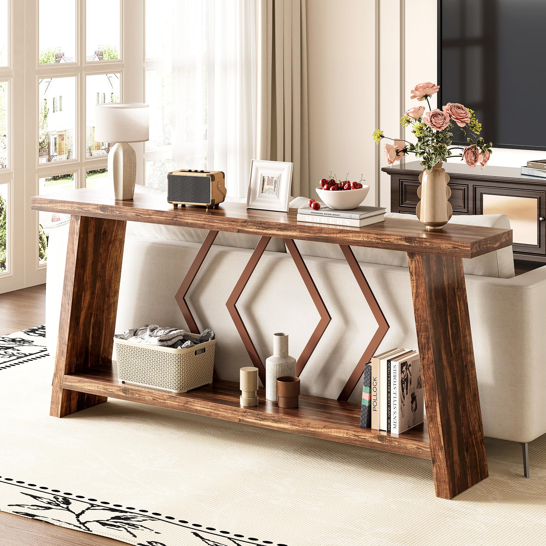 LITTLE TREE 70.9 Inch Console Table, Long Sofa Table Behind Sofa, Farmhouse Console with Shelf as Entrance Area, Living Room, Hallway