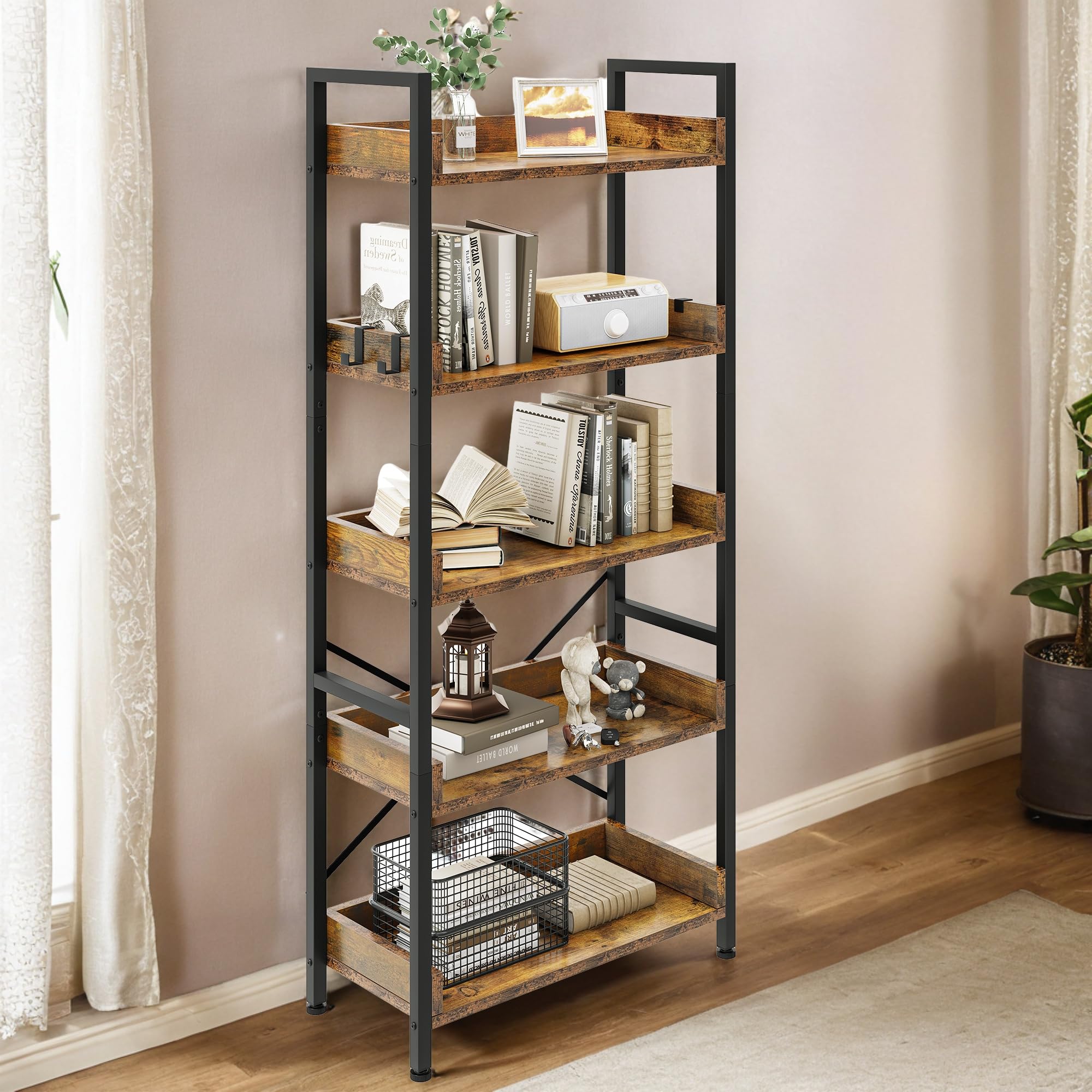 YITAHOME 5 Tier Bookcase, Floorstanding Wooden Shelves with Stable Steel Frame Shelving Unit