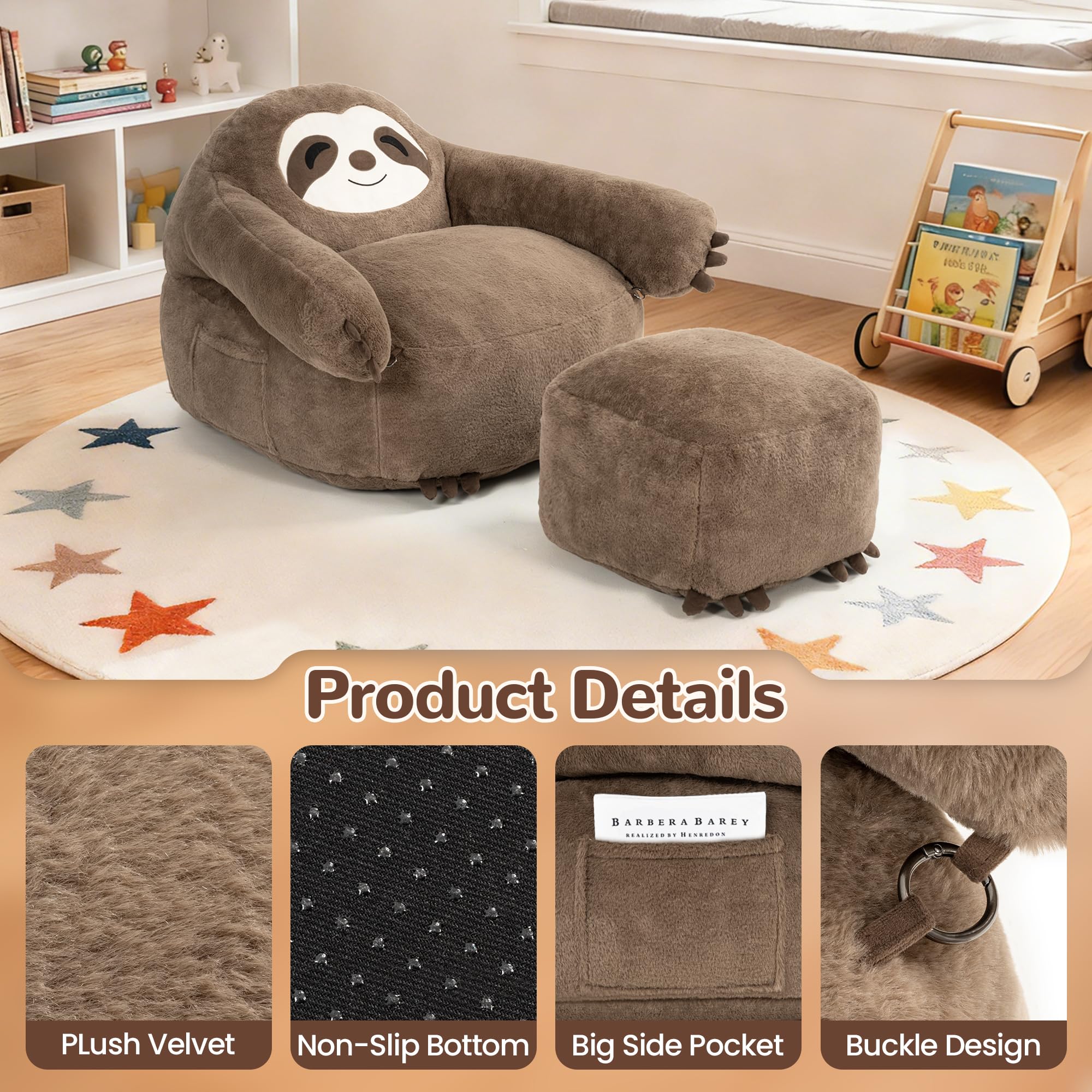 Pamapic Bean Bag Chair, Sloth Bean Bag Chair with Footstool, BeanBag with FIlling Included, Ergonomic Recliner with Detachable Armrest