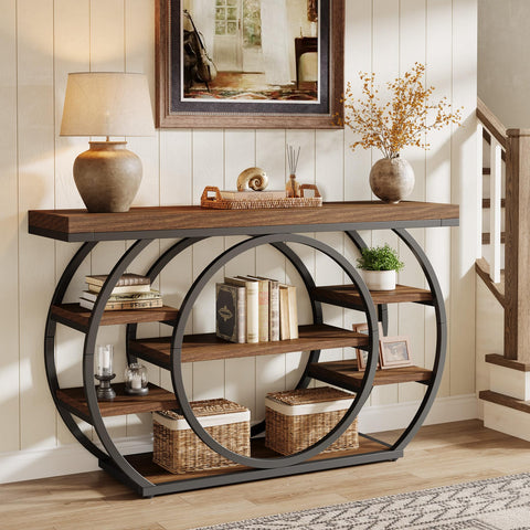 Tribesigns Circle Base Console Table | Narrow Entryway Table 120x30x80cm | 4-Tier Storage Shelf | Industrial Farmhouse Hallway Sofa Table,Rustic