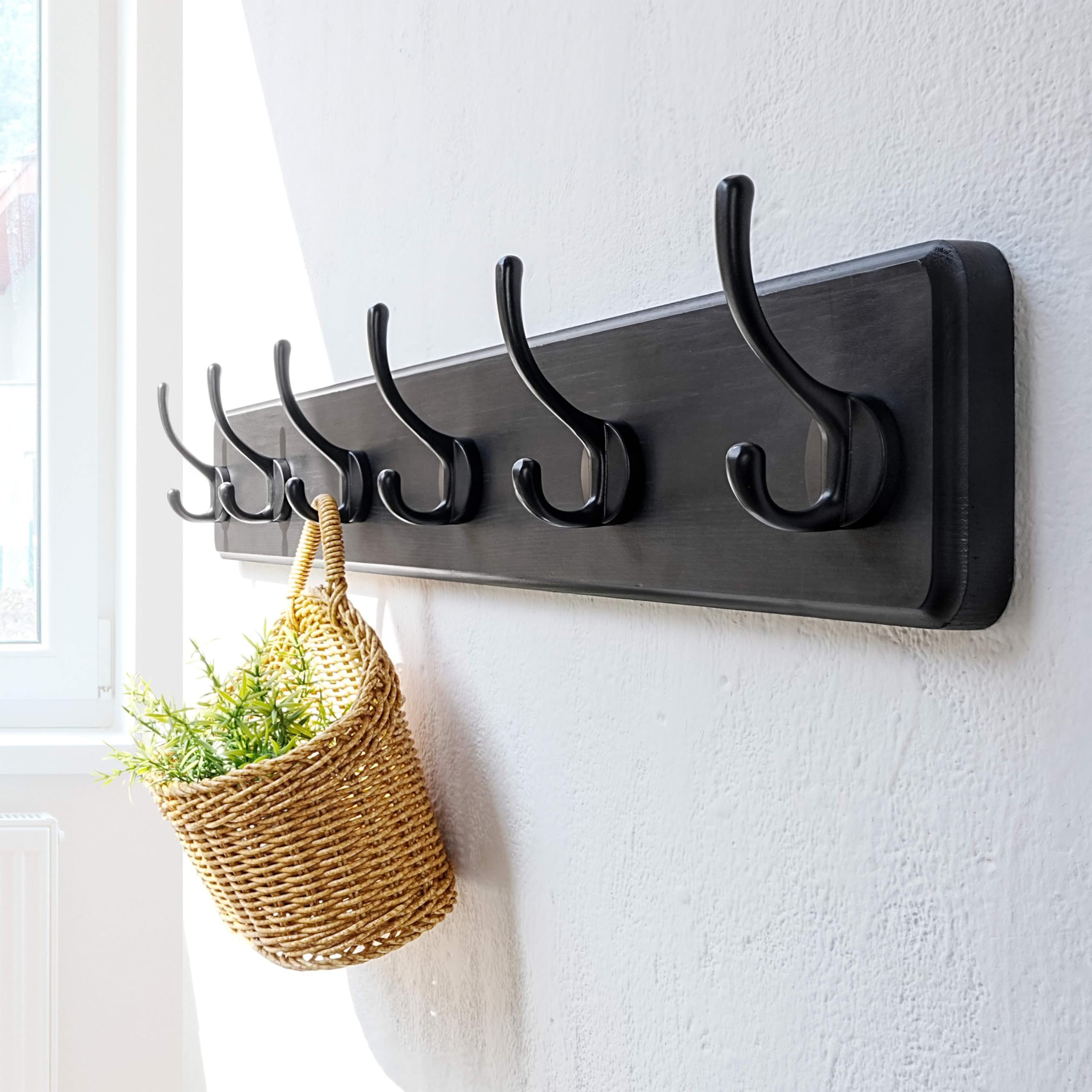 Dseap Coat Rack Wall: 60cm Long, Patented, Heavy-Duty, 6-Double-Hooks Wooden Wall Mounted Coat Rack Coat Hanger Hook Rail for Winter Coats Hat Jacket