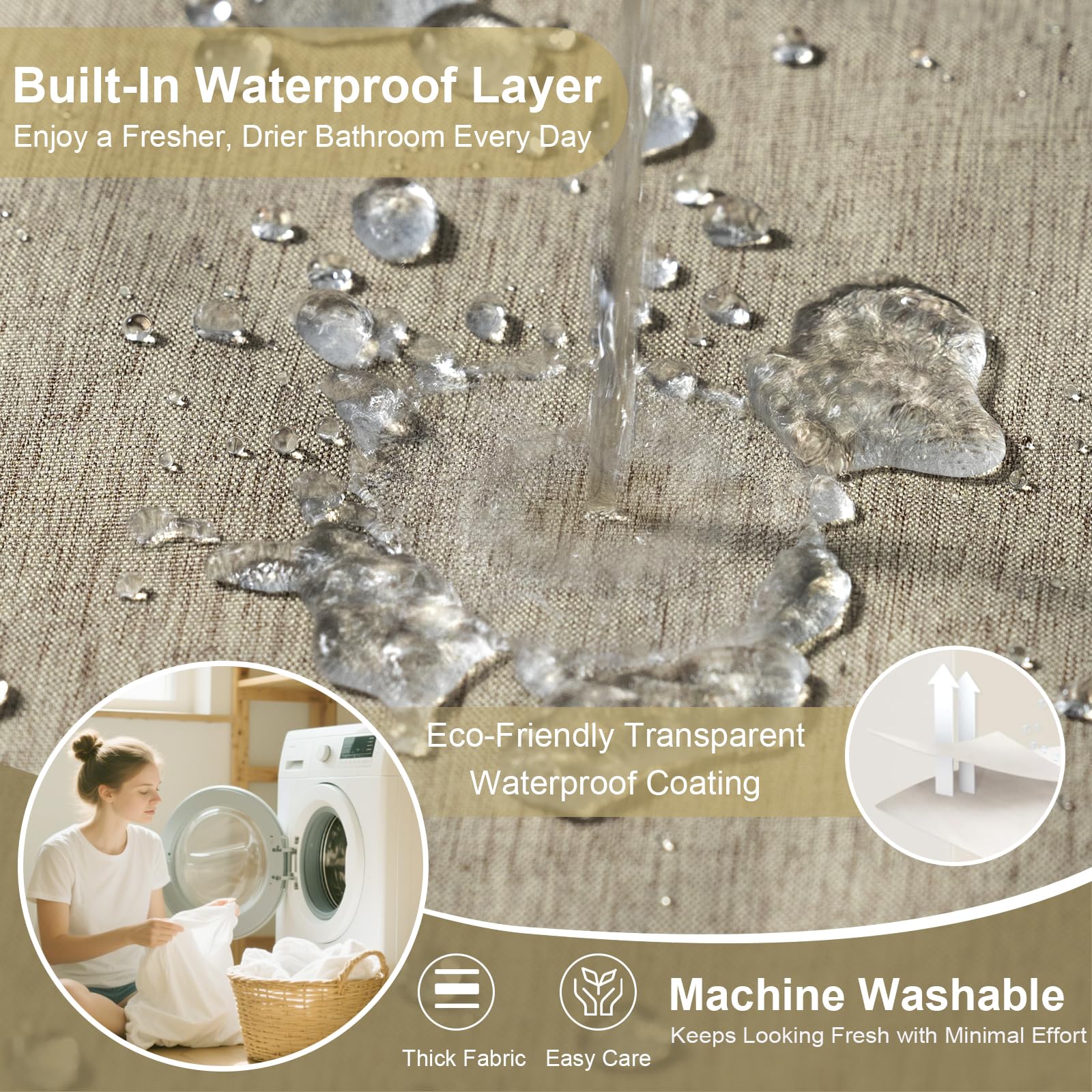 Hotel Style No Hook Rustic Linen Shower Curtain for Bathroom 230GSM Thick Fabric Texture Shower Curtains, Enhanced Waterproof, Weighted Hem