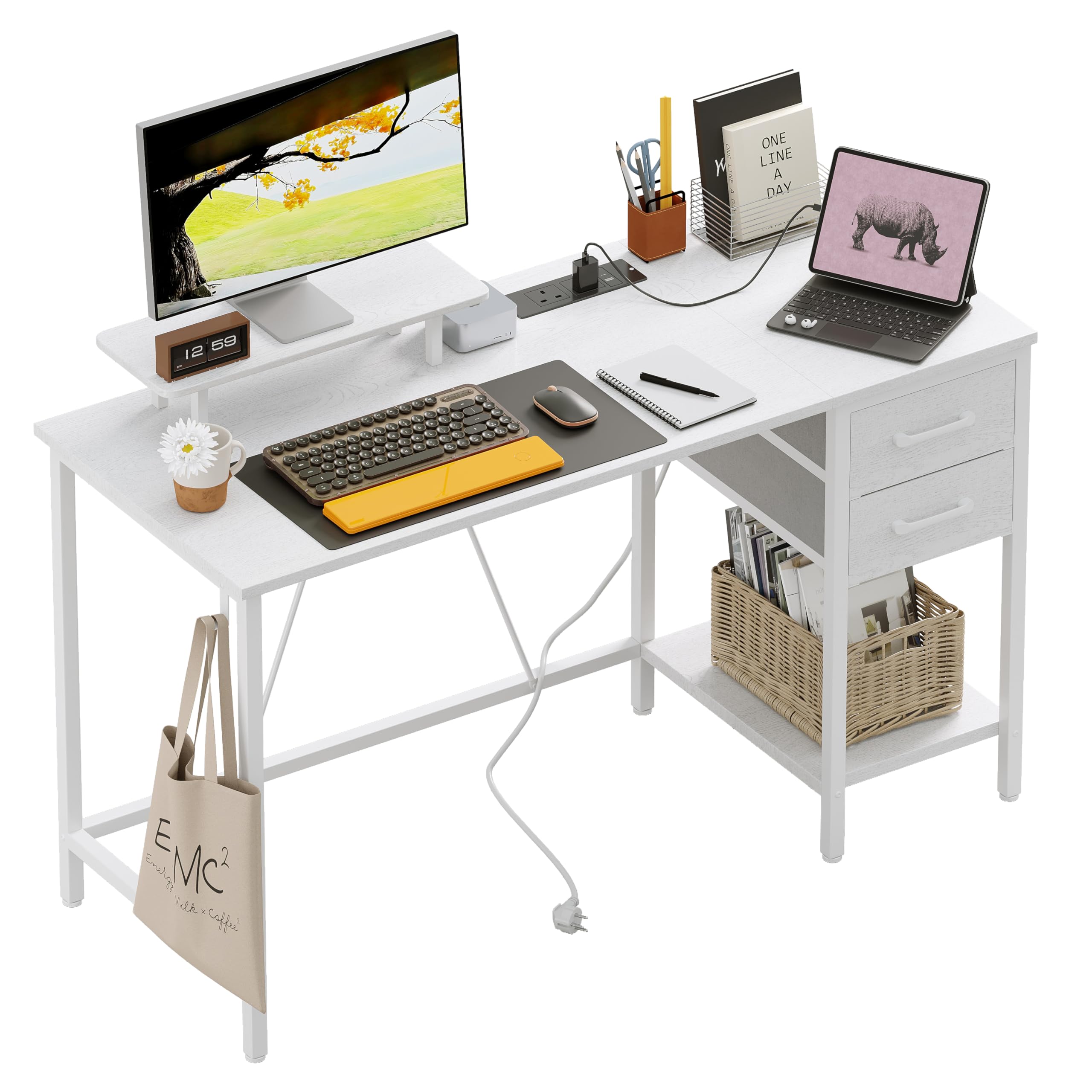 Xyphren 100cm Computer Desk with Drawers & Power Outlets, Office Desk with Storage Monitor Stand, Reversible Small Desks for Home Office Bedroom