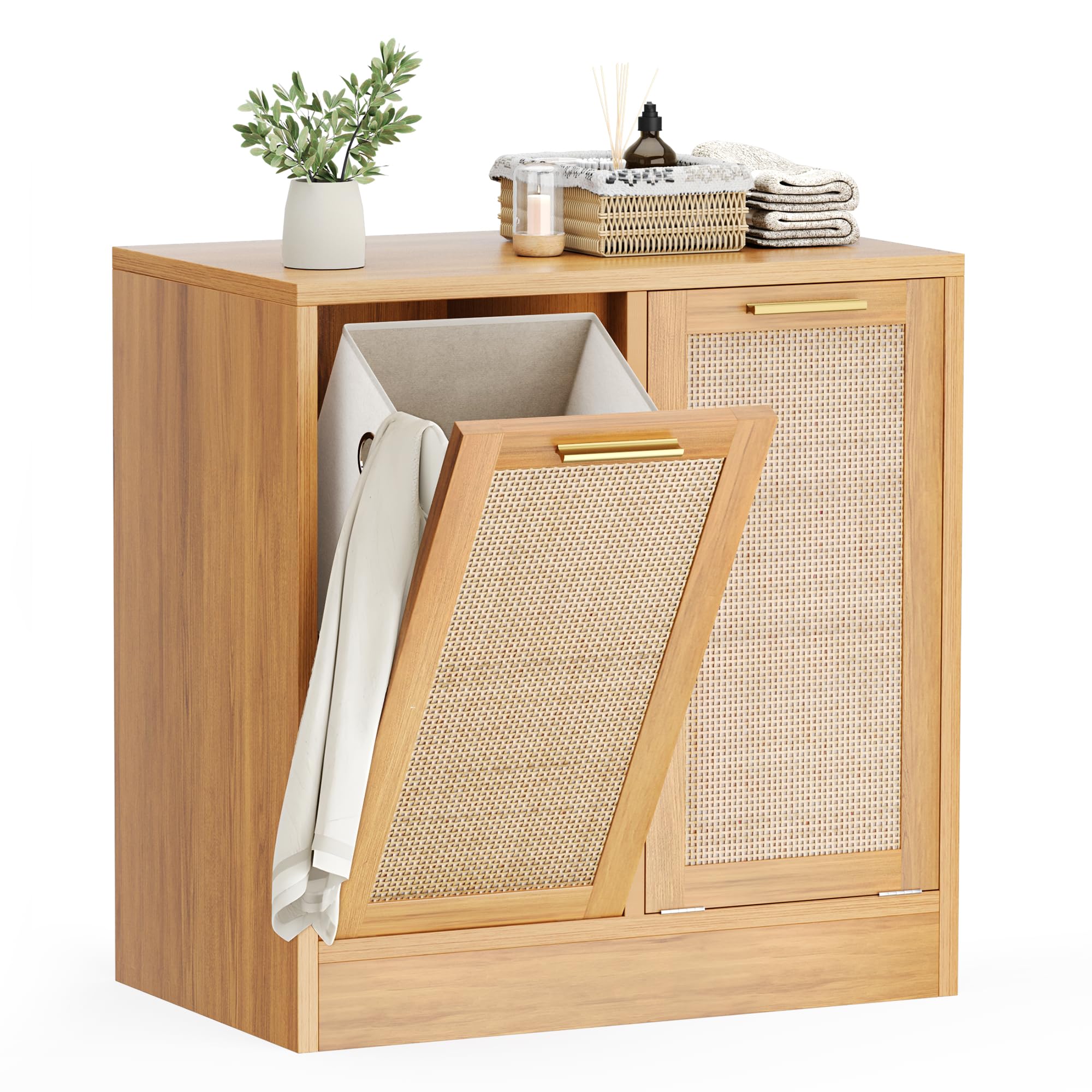 PATIOPIA Bathroom Cabinet with Laundry Baskets, Tilt Out Laundry Hamper, Bathroom Storage Cabinet with Real Rattan Design