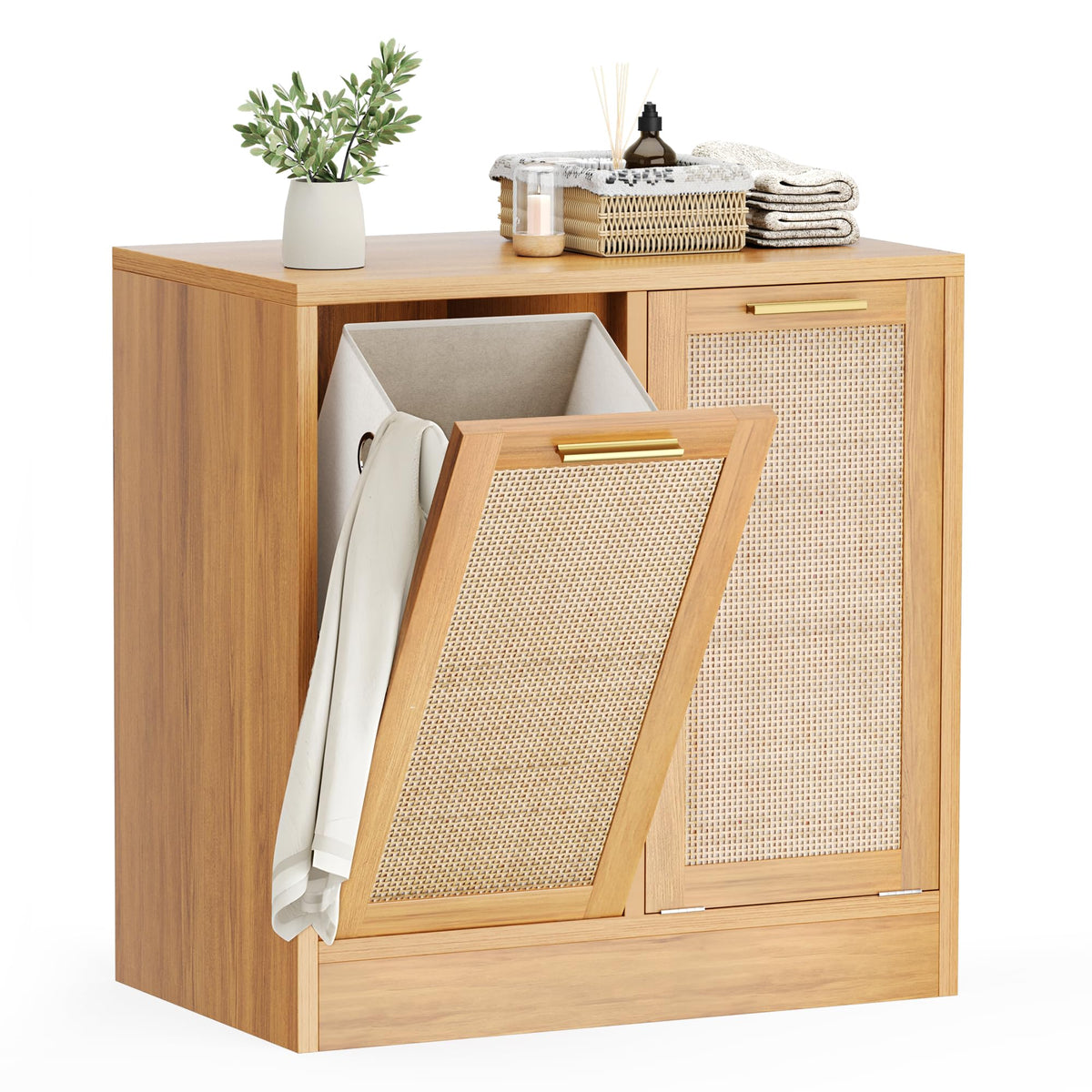 PATIOPIA Bathroom Cabinet with Laundry Baskets, Tilt Out Laundry Hamper, Bathroom Storage Cabinet with Real Rattan Design