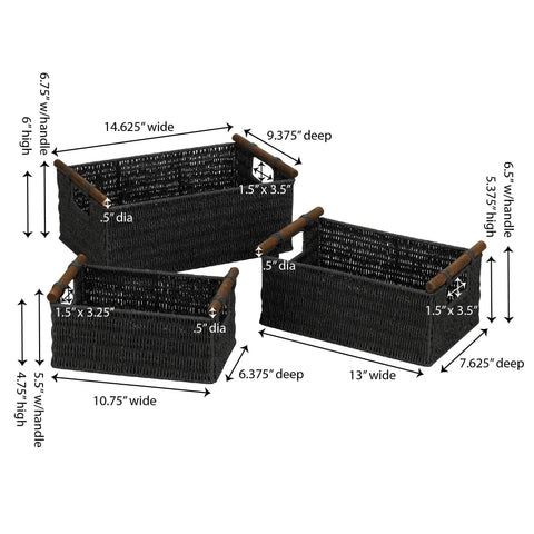 Household Essentials Decorative Woven Baskets, Set of 3 Baskets, Paper Rope with Wood Handles, Sturdy Metal Frame, Small, Medium and Large, Black