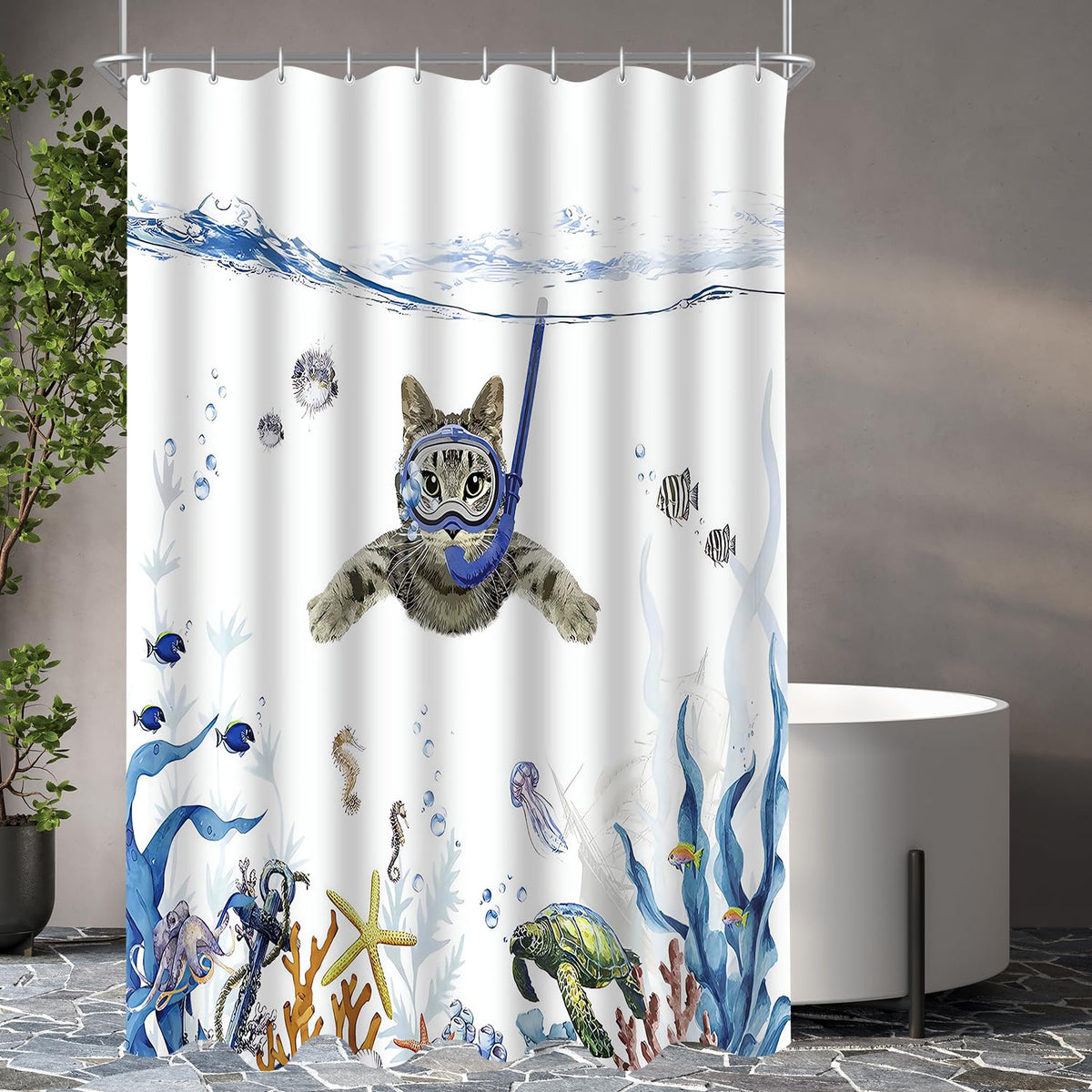 Lerores Shower Curtain 150 x 200 cm, Cat Swimming Anti-Mould Textile, Weighted Hem, Water-Repellent