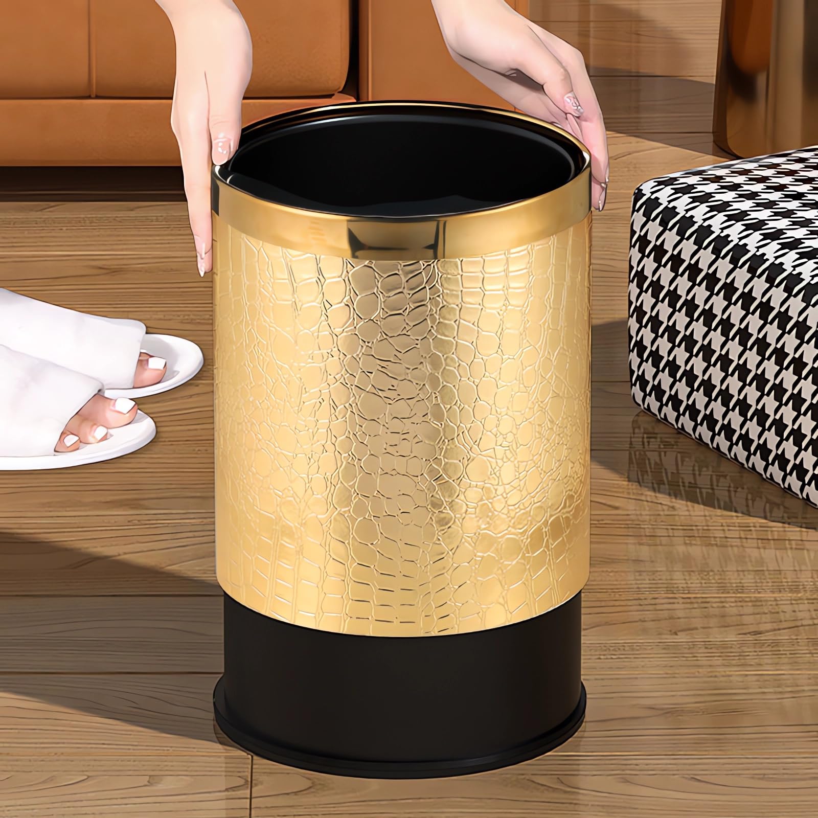 QLHIBLY Gold Trash Bin,10 Liters Metal Waste Bin for Bedroom,Office,Hotel