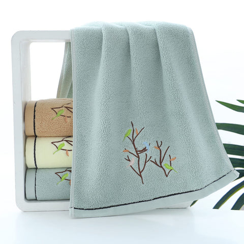 Pidada Hand Towels Set of 2 Embroidered Bird Tree Pattern 100% Cotton Absorbent Soft Decorative Towel for Bathroom 35 x 75 cm (Aqua Green)