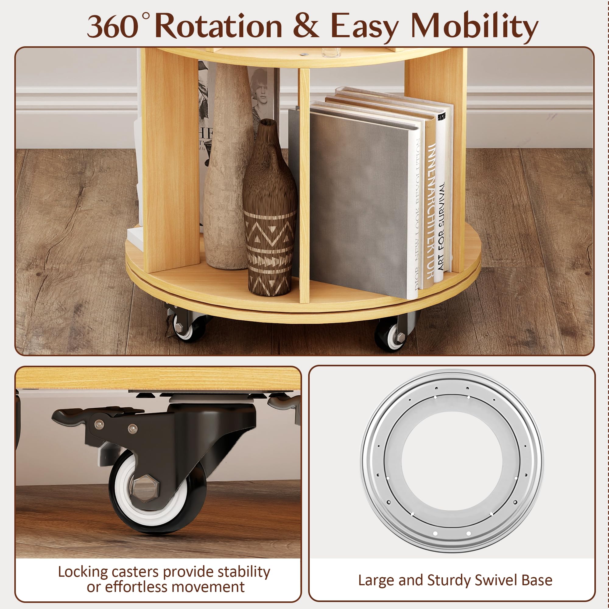 Turosur 5-Tier Rotating Bookshelf, 360° Rotating Bookcase Floor Standing