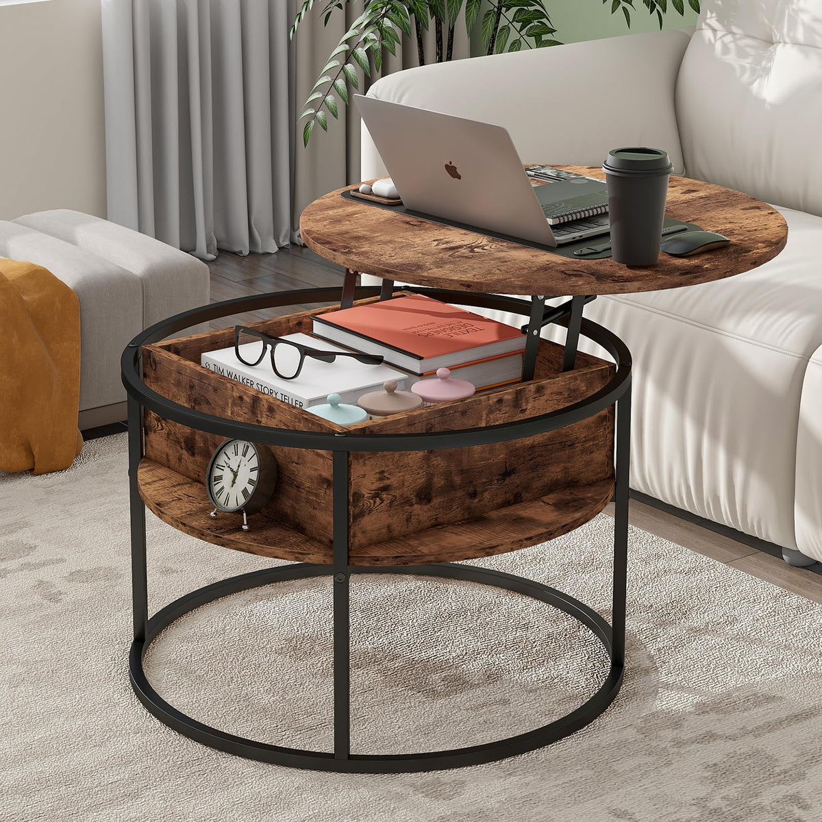 HOJINLINERO Round Coffee Table,Lift Top Coffee Tables for Living Room,Wooden Coffee Table with Hidden Storage & Lift Up Top,Modern Sofa Tea End
