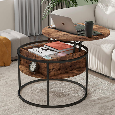 HOJINLINERO Round Coffee Table,Lift Top Coffee Tables for Living Room,Wooden Coffee Table with Hidden Storage & Lift Up Top,Modern Sofa Tea End