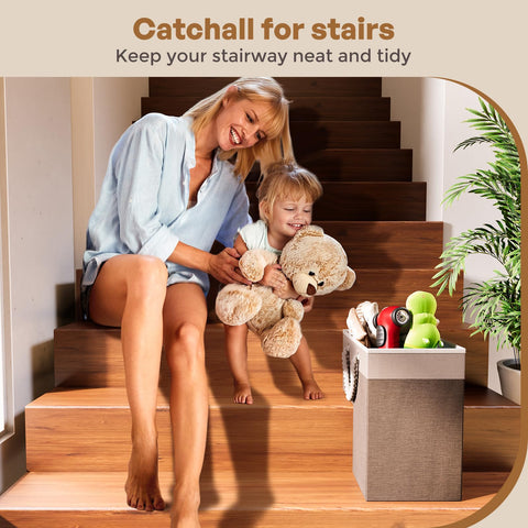 Puricon Flax Basket for Carpeted and Wooden Stairs - Foldable Stair Storage Basket with Handle - Warmgrey, 1 Pack