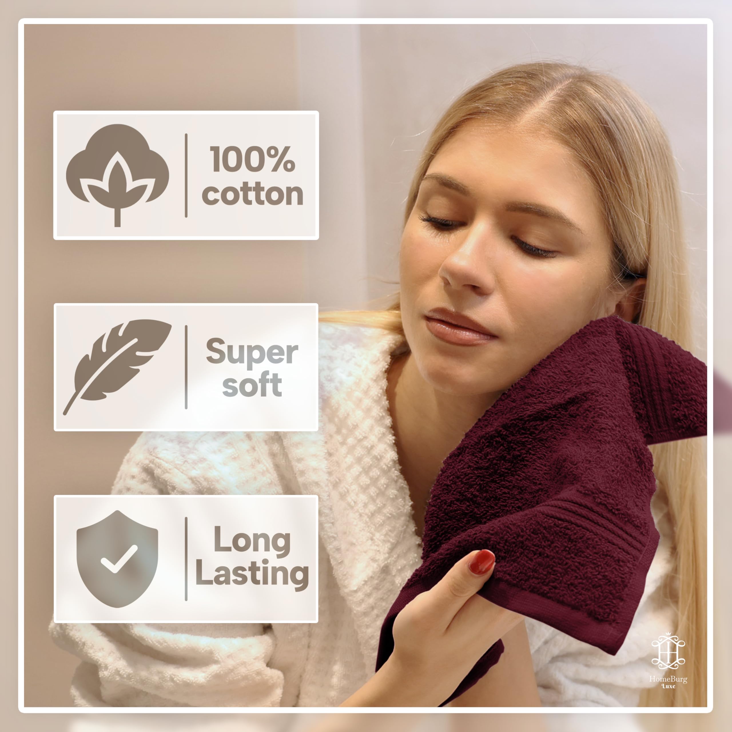 HomeBurg Luxe 12-Piece Washcloth Set - 100% Cotton, Soft & Absorbent, Easy Care, Premium Towels for Face & Daily Use, 30 x 30 cm, Velvet Wine