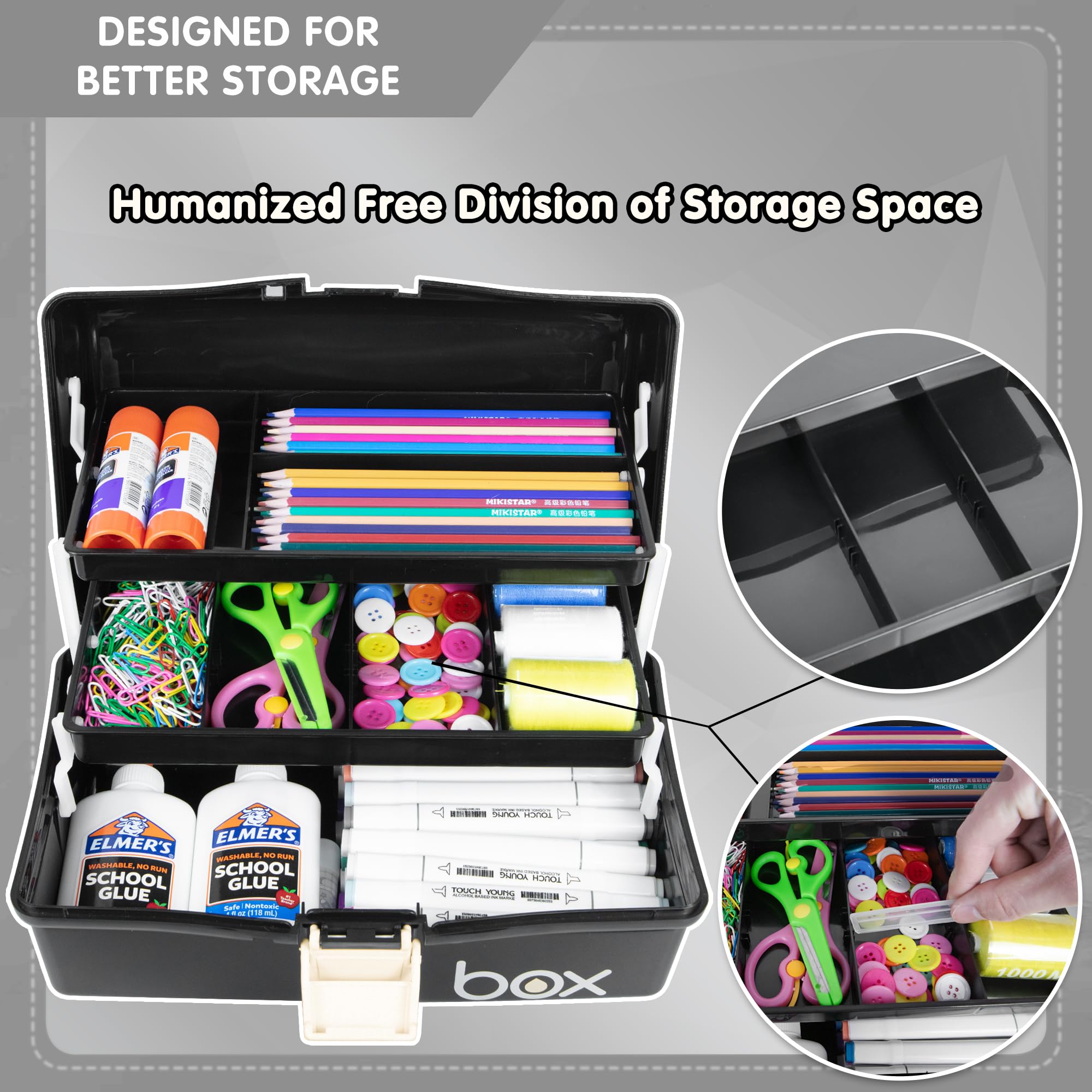 Creahaus 12in 3 Layer Multipurpose Storage Box/Craft Storage Boxes With Compartments/Plastic Black Tool Box/Medicine Storage Box/Hair Accessories