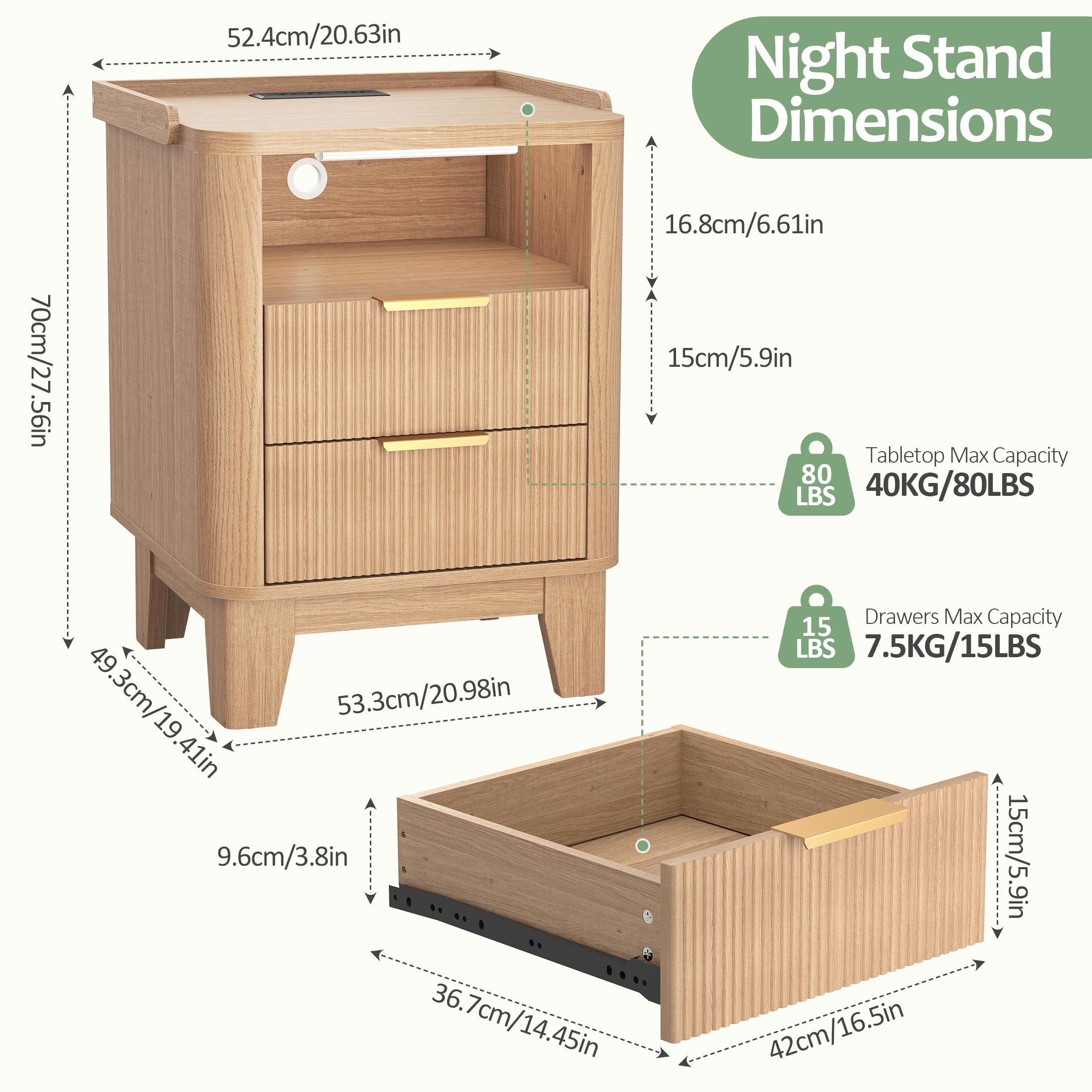 Quikraen 50cm width Bedside Table with Charging Station&Sensor LED Light