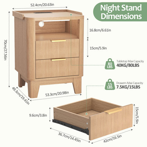 Quikraen 50cm width Bedside Table with Charging Station&Sensor LED Light