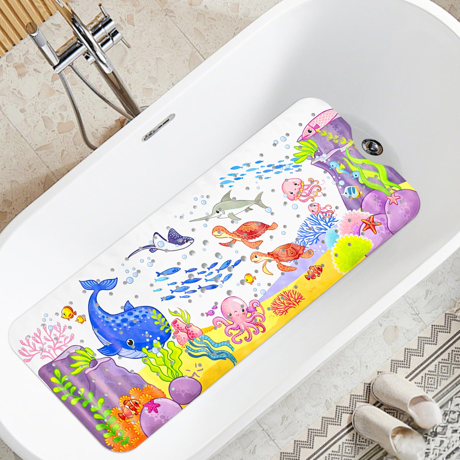 Baby Bath Mat Non Slip Anti Mould, 100 x 40cm Extra Long Bath Shower Tub Mat with Suction Cups and Drain Holes, Cartoon Patterned Kids Shower Mats