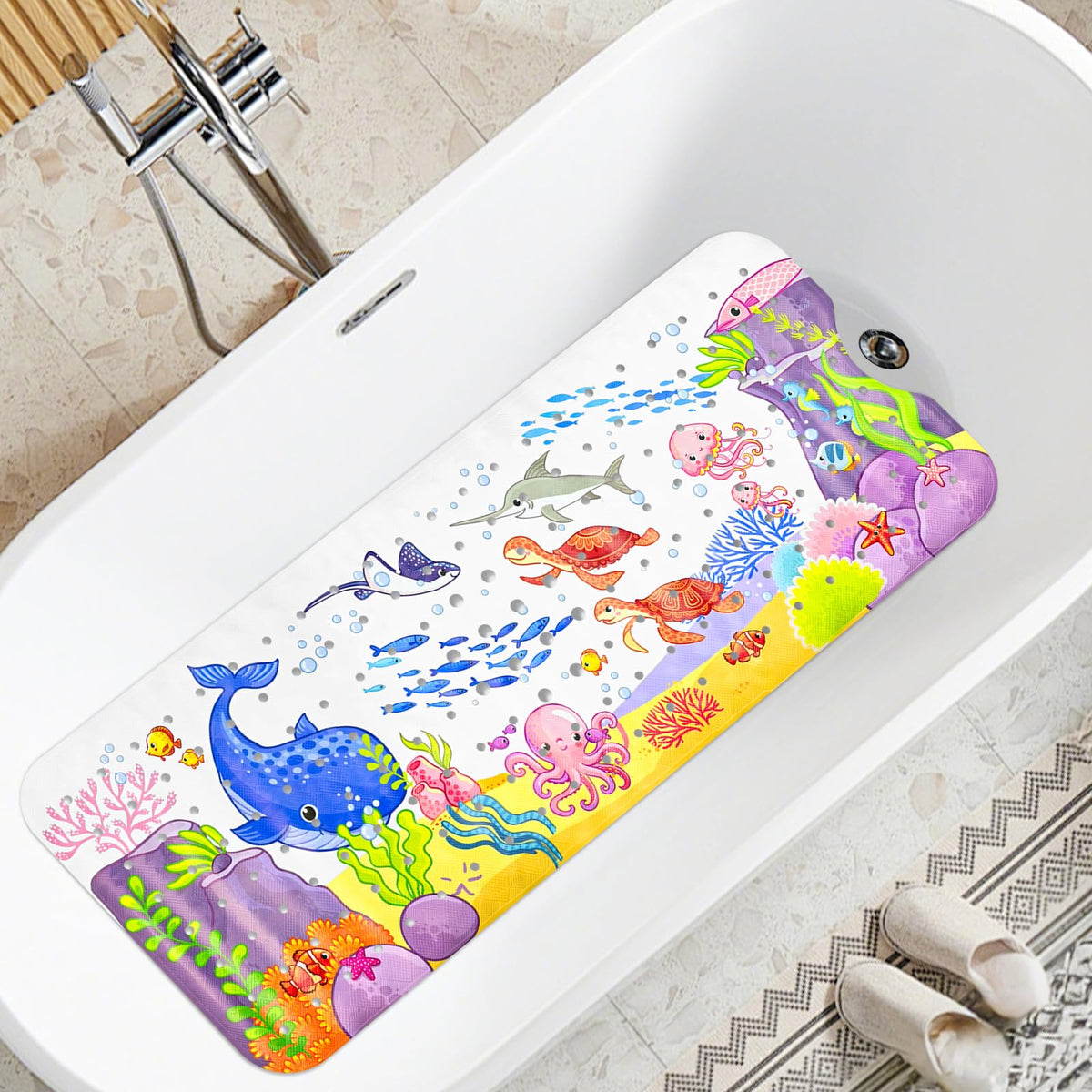 Baby Bath Mat Non Slip Anti Mould, 100 x 40cm Extra Long Bath Shower Tub Mat with Suction Cups and Drain Holes, Cartoon Patterned Kids Shower Mats