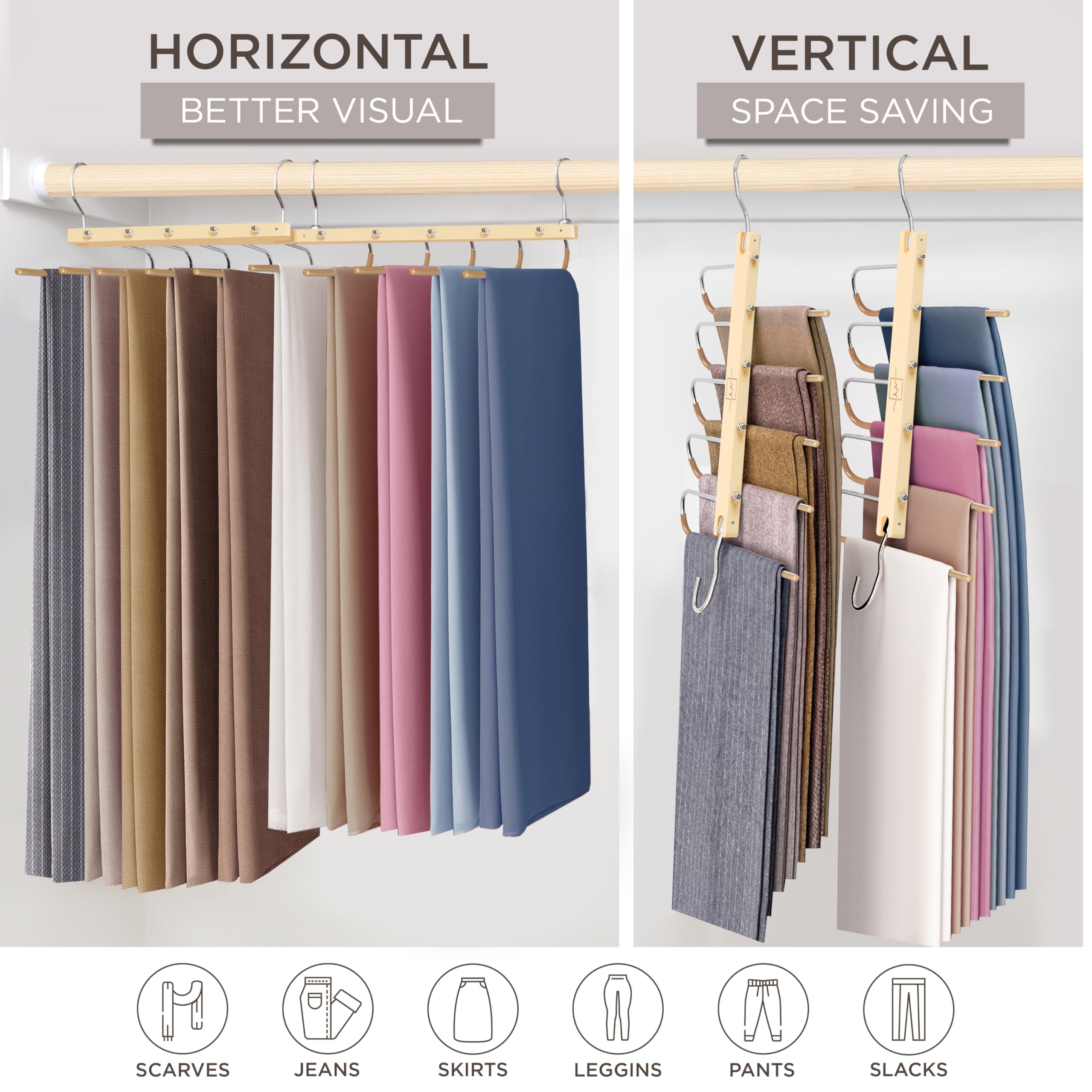 MORALVE Trousers Hangers Space Saving - European Beechwood Scarf and Jeans Hangers - Wardrobe Organiser and Space Saver Trouser Rack, Leggings Hanger