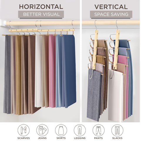 MORALVE Trousers Hangers Space Saving - European Beechwood Scarf and Jeans Hangers - Wardrobe Organiser and Space Saver Trouser Rack, Leggings Hanger
