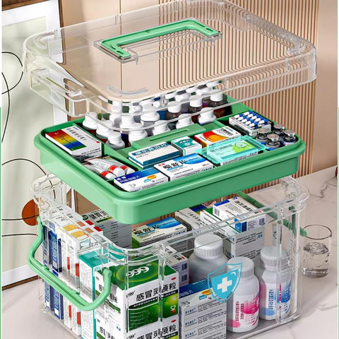White-L Double Layer Medicine Organiser - Portable First Aid Box with Multi Grid Storage for Home & School