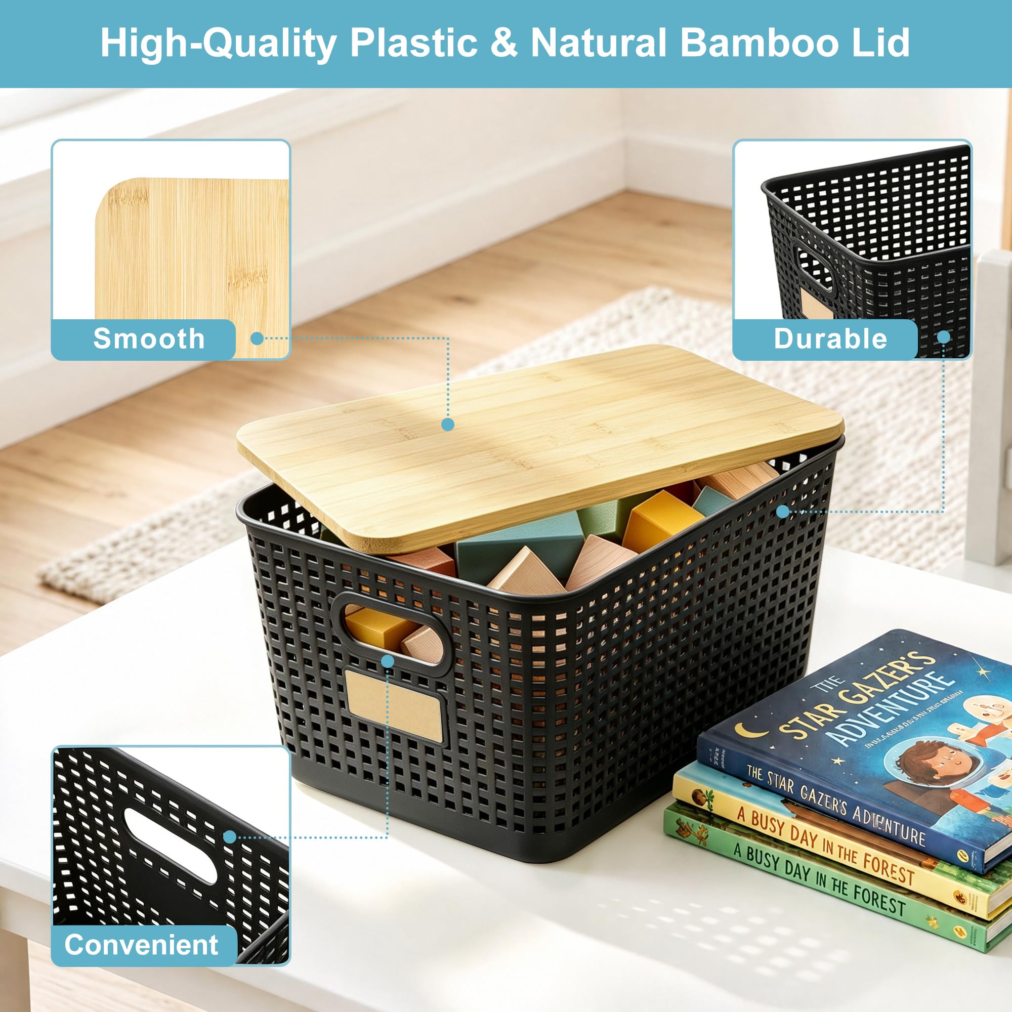 Bagnizer Tall Plastic Storage Bins with Bamboo Lids, 10.5qt, 2 Packs