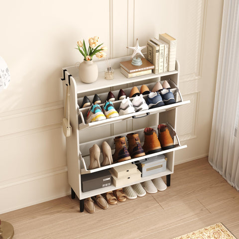 HOME BI Farmhouse Shoe Cabinet with Two Flip Drawers,3-Tier Shoe Storage Organizer with Open Shelf & Top Display,Freestanding Narrow Hidden Shoe Rack