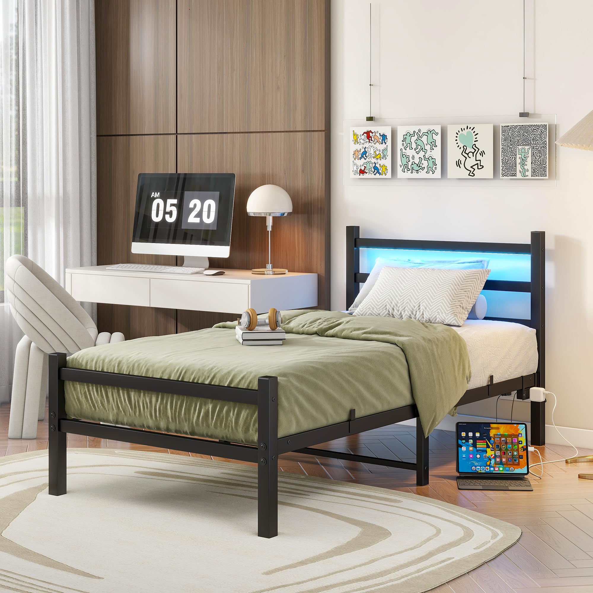 BORPHOM 3ft Single Bed Frame with Headboard & LED Lights,Heavy Duty Metal Platform Bed Frame with Charging Station,Mattress Base/Strong Steel Slats